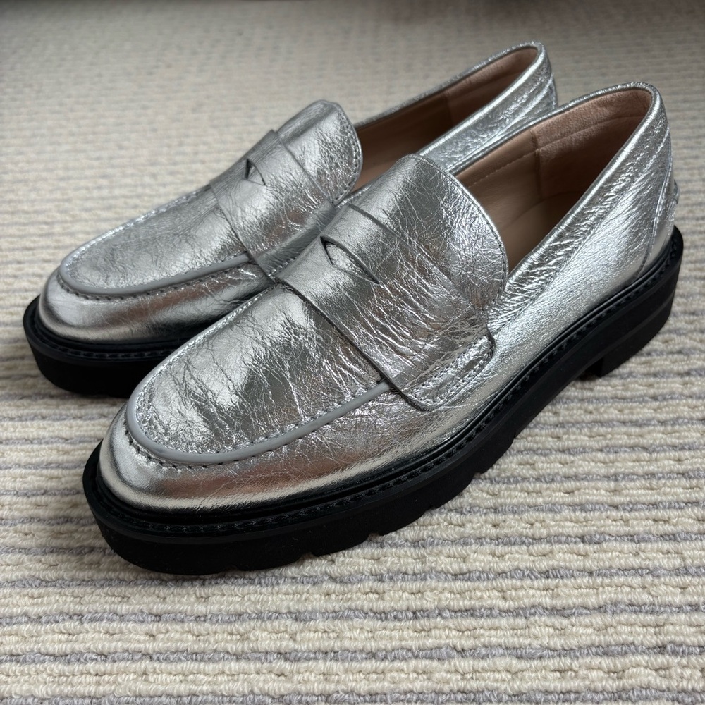 Stuart Weitzman Silver Metallic Lug Sole Penny Loafers NWOT - Women’s 5B
